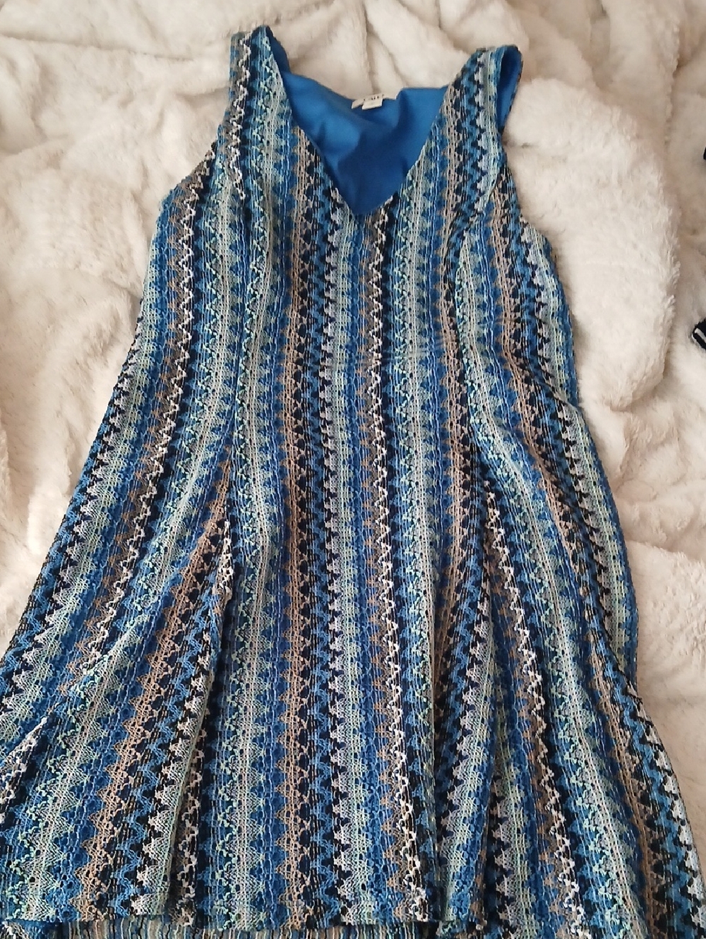 Blue Patterned V-Neck Women's Dress